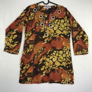 El Patio Womens Small Pullover Tunic Top 3/4 Sleeves Yellow Brown Retro Beaded